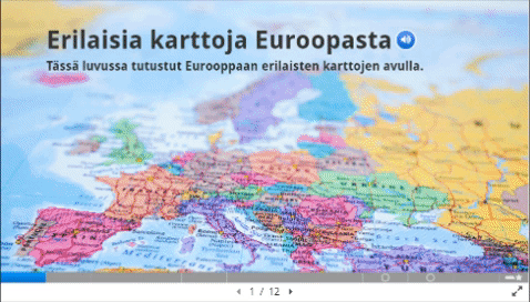Esimerkki 4. luokan Eurooppa -H5P diasarjasta, teemana kartat.